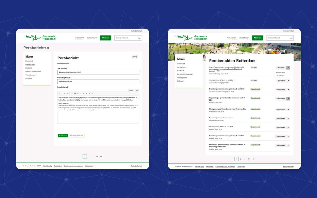 Twee schermopnames van het Gemeente Rotterdam portaal: één van het invoerformulier voor een persbericht en één van de lijst met eerdere persberichten.