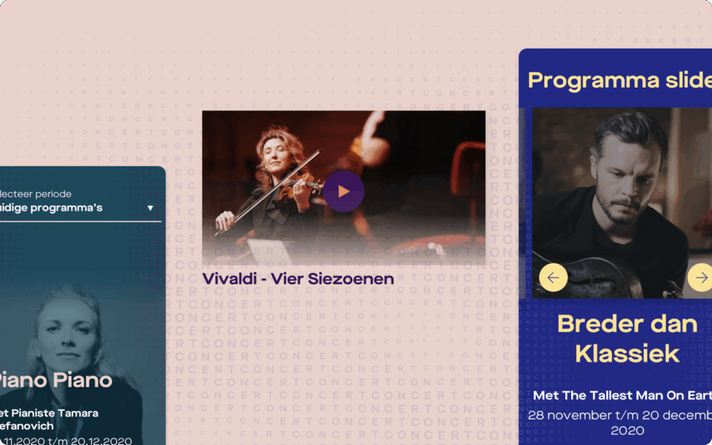 Schermafbeelding van de website met programma-overzichten in een schuifbare interface, met titels als 'Vivaldi - Vier Seizoenen'.