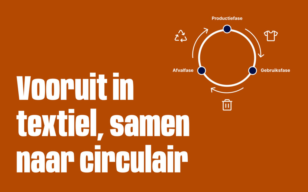 Grafische weergave van de circulaire textielketen (Productiefase, Gebruiksfase, Afvalfase) met de slogan 'Vooruit in textiel, samen naar circulair'.