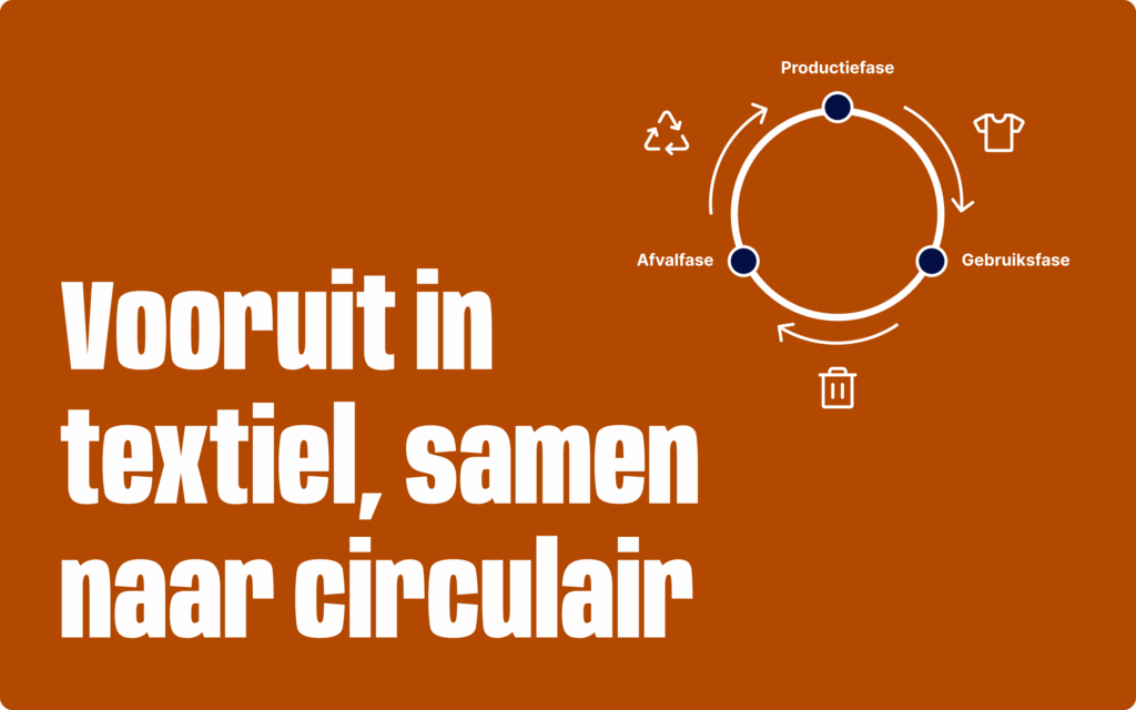Grafische weergave van de circulaire textielketen (Productiefase, Gebruiksfase, Afvalfase) met de slogan 'Vooruit in textiel, samen naar circulair'.
