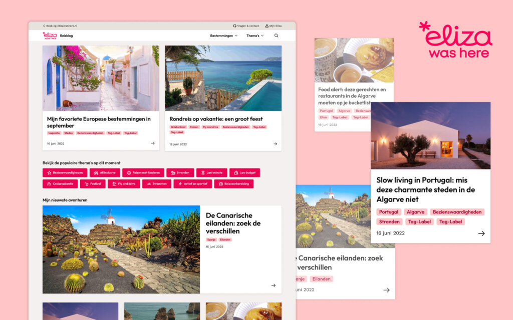Overzicht van de Eliza was Here reisblog-homepage met artikelen over charmante Europese bestemmingen en de Canarische Eilanden.
