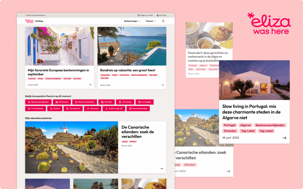 Overzicht van de Eliza was Here reisblog-homepage met artikelen over charmante Europese bestemmingen en de Canarische Eilanden.