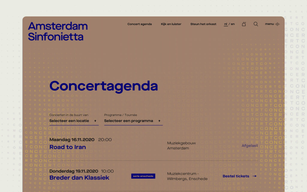 Schermafbeelding van de 'Concertagenda' pagina, met een lijst van concertdata, locaties en de mogelijkheid om tickets te bestellen.