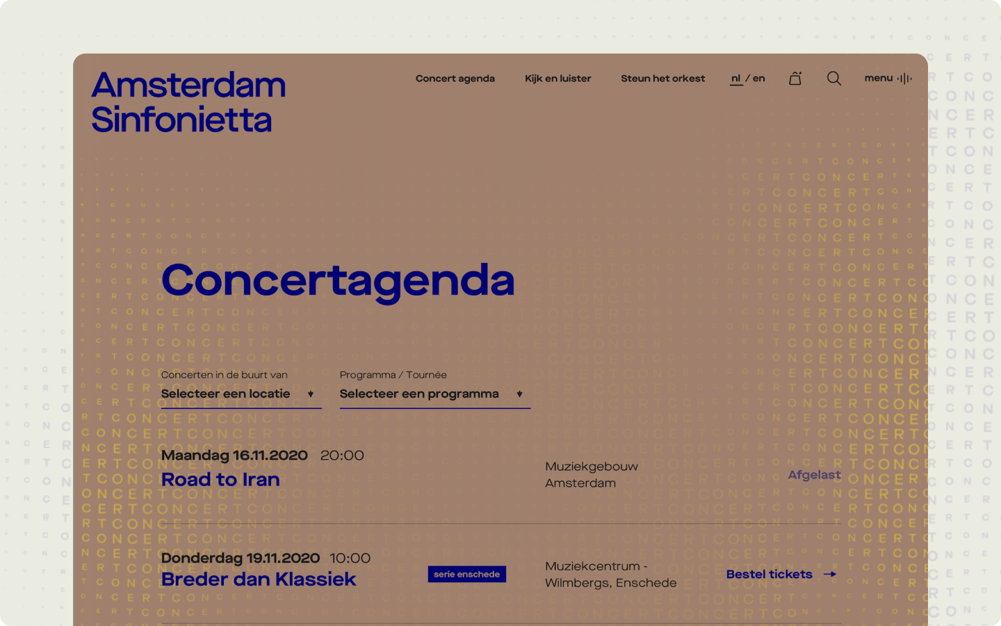 Schermafbeelding van de 'Concertagenda' pagina, met een lijst van concertdata, locaties en de mogelijkheid om tickets te bestellen.