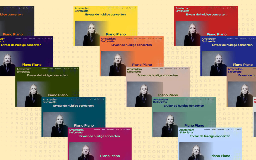Grafische collage van de website-hero-sectie in diverse kleurenthema's, met de tekst 'Ervaar de huidige concerten'.