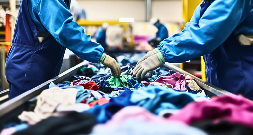 Twee mensen sorteren kleurrijk textiel op een lopende band in een sorteerfabriek.