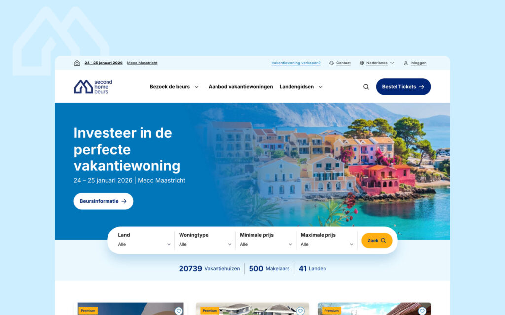 Een screenshot van de homepage van de Second Home Beurs met een zoekfunctie voor vakantiewoningen.