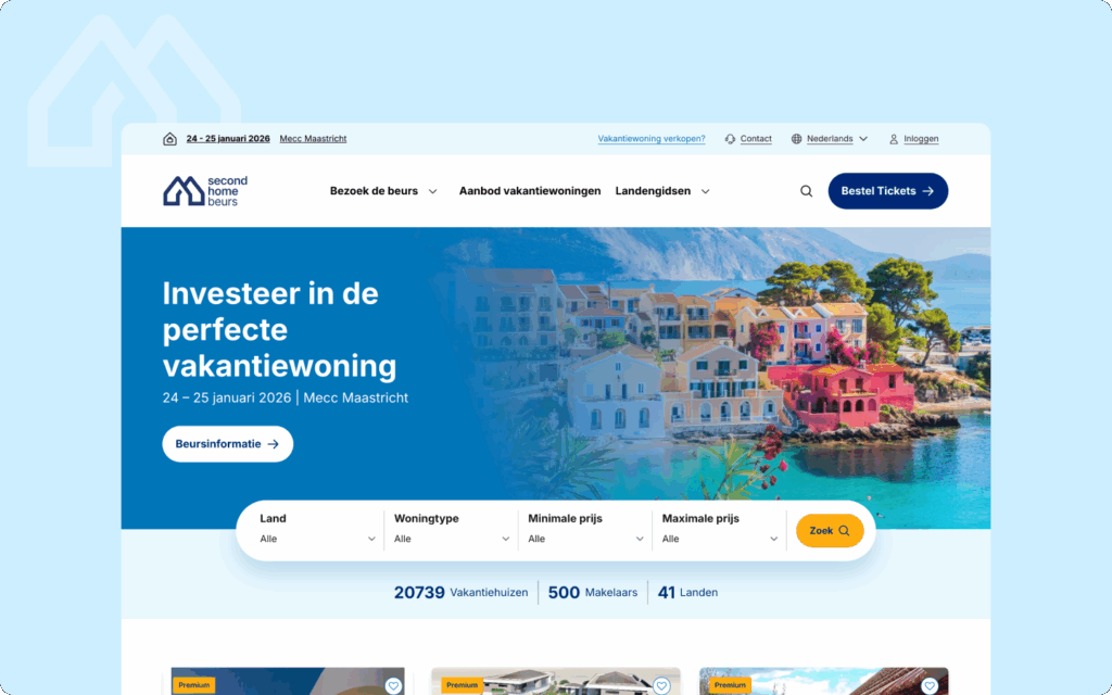 Een screenshot van de homepage van de Second Home Beurs met een zoekfunctie voor vakantiewoningen.