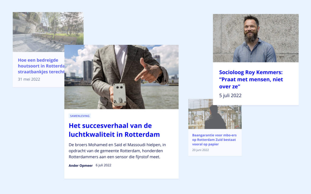 Collage van nieuwsartikelen over Rotterdam, met onderwerpen als luchtkwaliteit, straatbankjes en sociologisch onderzoe