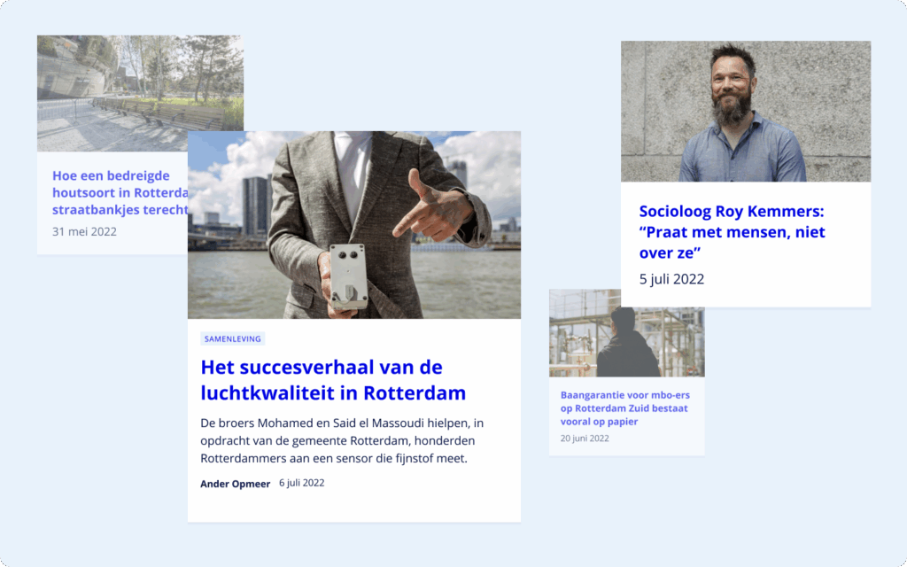 Collage van nieuwsartikelen over Rotterdam, met onderwerpen als luchtkwaliteit, straatbankjes en sociologisch onderzoe