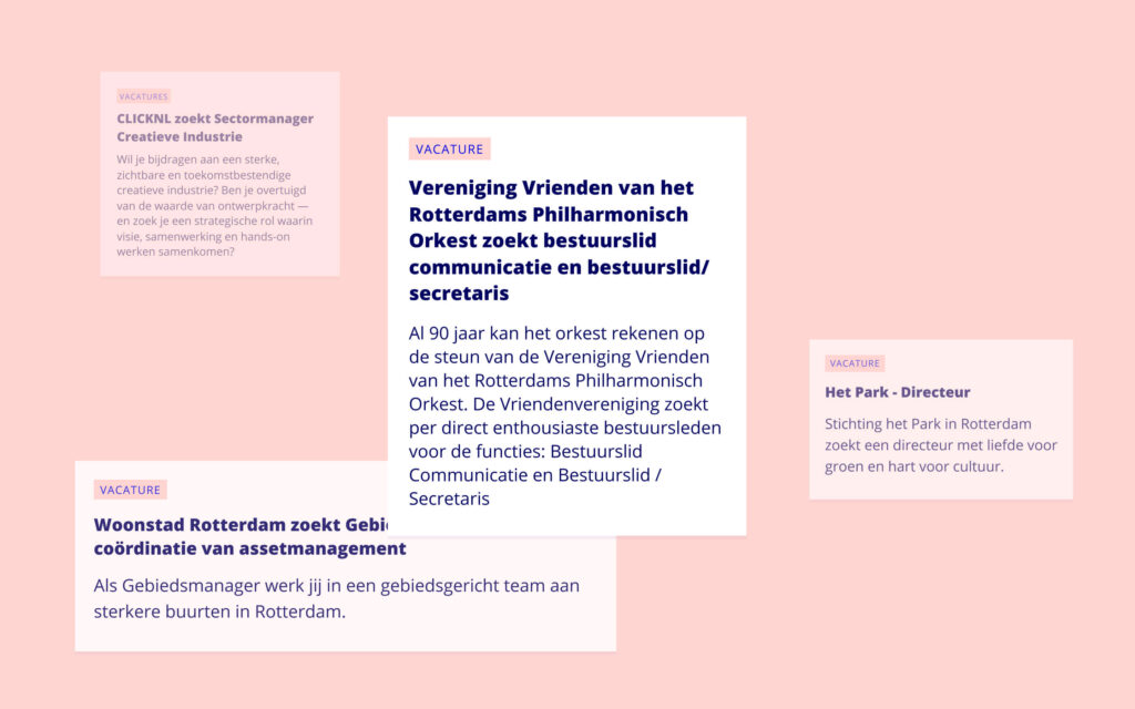 Tekstblokken met vacatures in Rotterdam voor onder andere het Philharmonisch Orkest, de creatieve industrie en Woonstad.