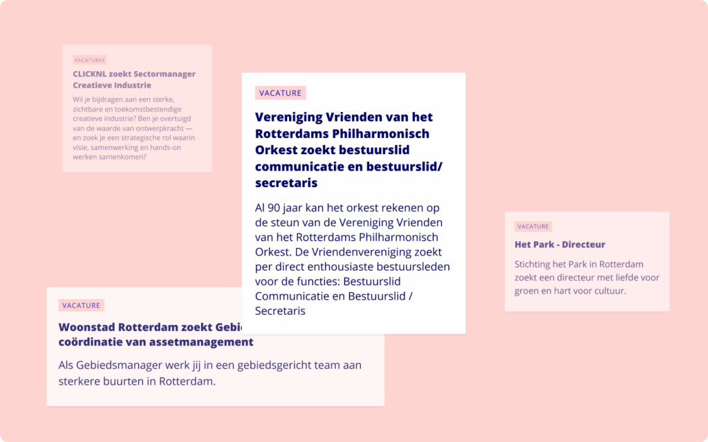 Tekstblokken met vacatures in Rotterdam voor onder andere het Philharmonisch Orkest, de creatieve industrie en Woonstad.