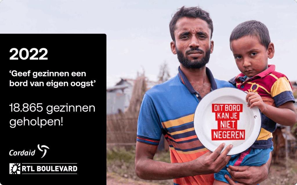 Campagnevisual 2022: 'Geef gezinnen een bord van eigen oogst'. Bevat de tekst '2022', 'Resultaat 2022: 4500 gezinnen geholpen', en de logo's van Cordaid en RTL Boulevard.