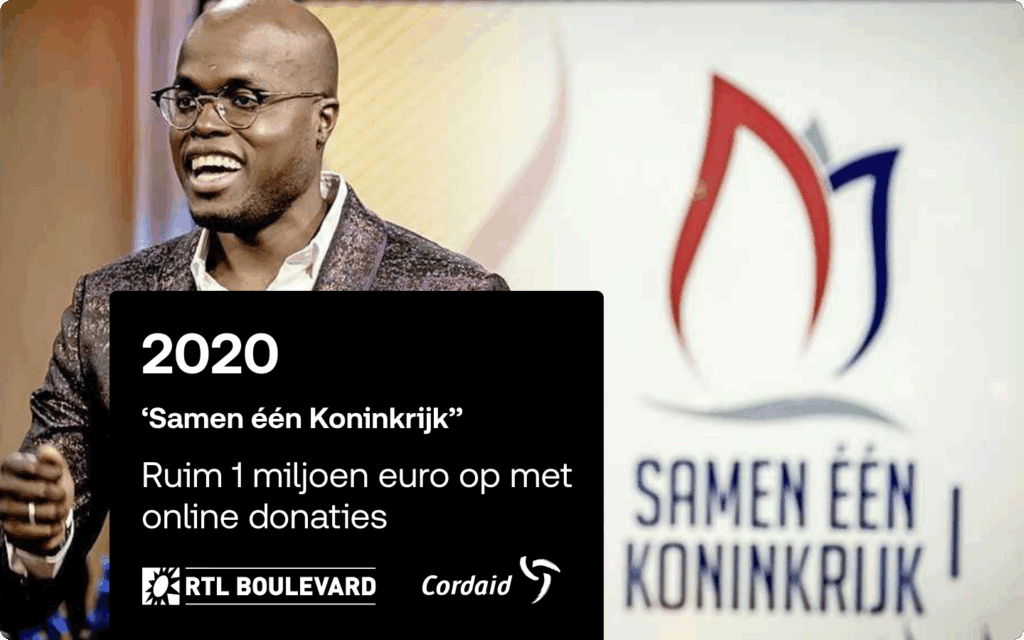 Campagnevisual 2020: 'Samen één Koninkrijk'. Toont een portret van Jandino Asporaat en bevat de tekst 'Ruim 1 miljoen euro op met online donaties', en de logo's van Cordaid en RTL Boulevard.
