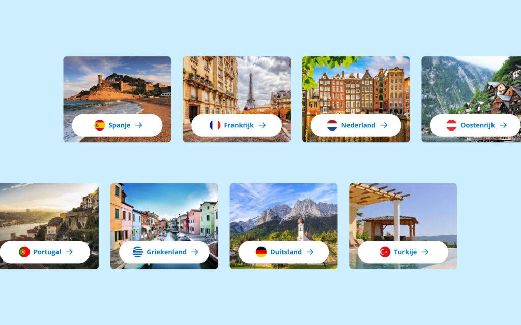 Een overzicht van acht tegels met foto's van verschillende vakantielanden, waaronder Spanje, Frankrijk en Nederland.