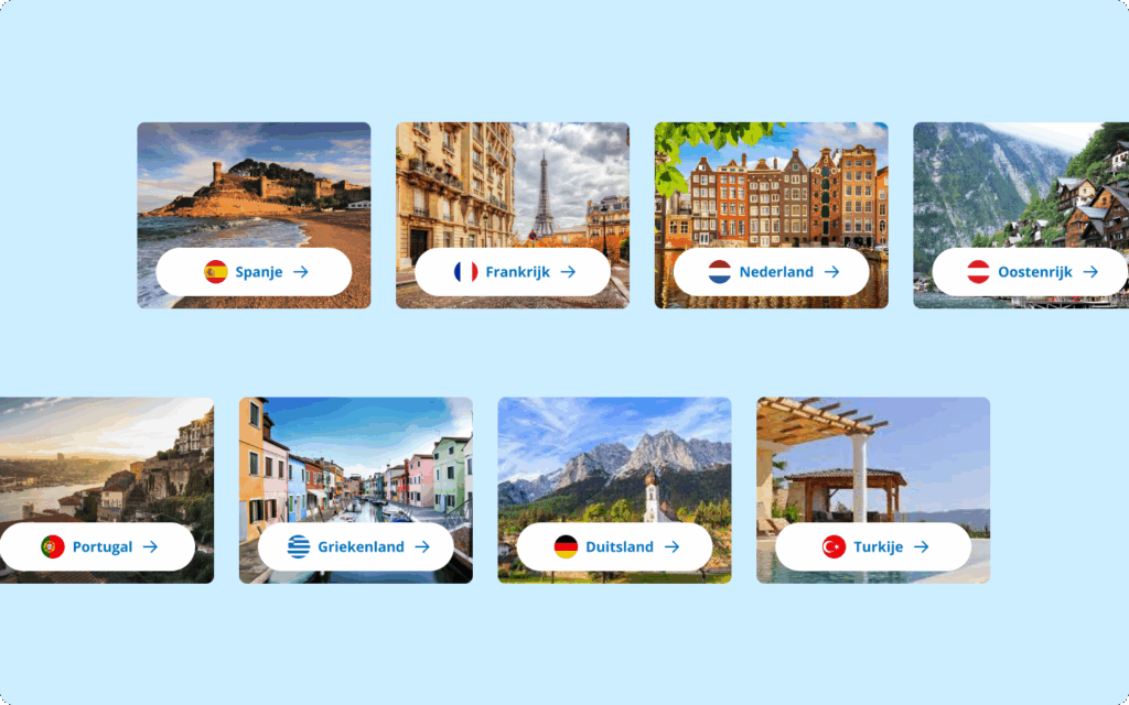 Een overzicht van acht tegels met foto's van verschillende vakantielanden, waaronder Spanje, Frankrijk en Nederland.