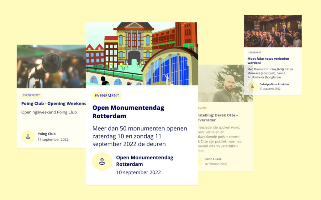 rafisch overzicht van Rotterdamse evenementen, waaronder Open Monumentendag, een debat over fake news en de Poing Club.