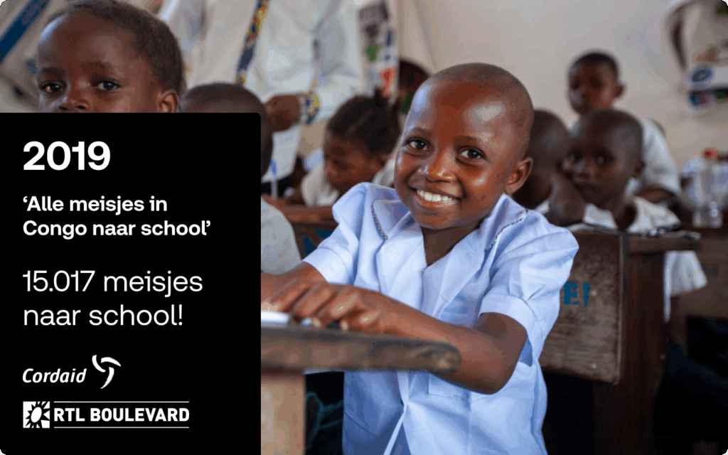 Campagnevisual 2019: 'Alle meisjes in Congo naar school'. Bevat de tekst '15.017 meisjes naar school!, en de logo's van Cordaid en RTL Boulevard.