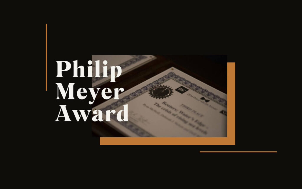 Een grafische afbeelding met de tekst 'Philip Meyer Award' naast een close-up van een officieel certificaat.