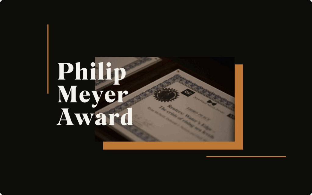 Een grafische afbeelding met de tekst 'Philip Meyer Award' naast een close-up van een officieel certificaat.