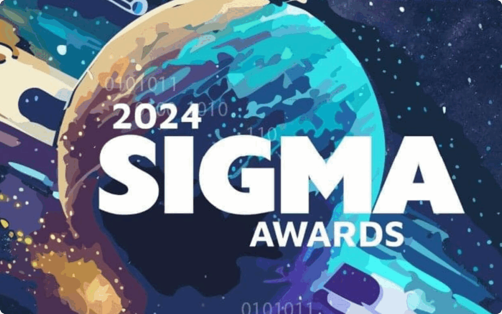 Een kleurrijke, abstracte illustratie van een planeet met de tekst '2024 SIGMA AWARDS'.
