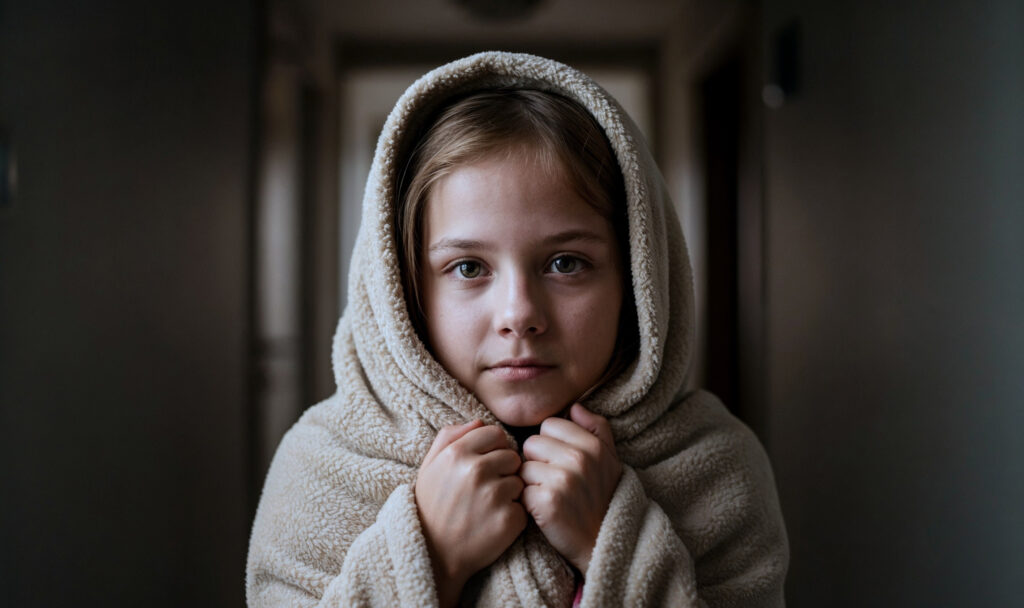 Close-up van een jong meisje, gewikkeld in een zachte, beige deken, kijkend in de camera.