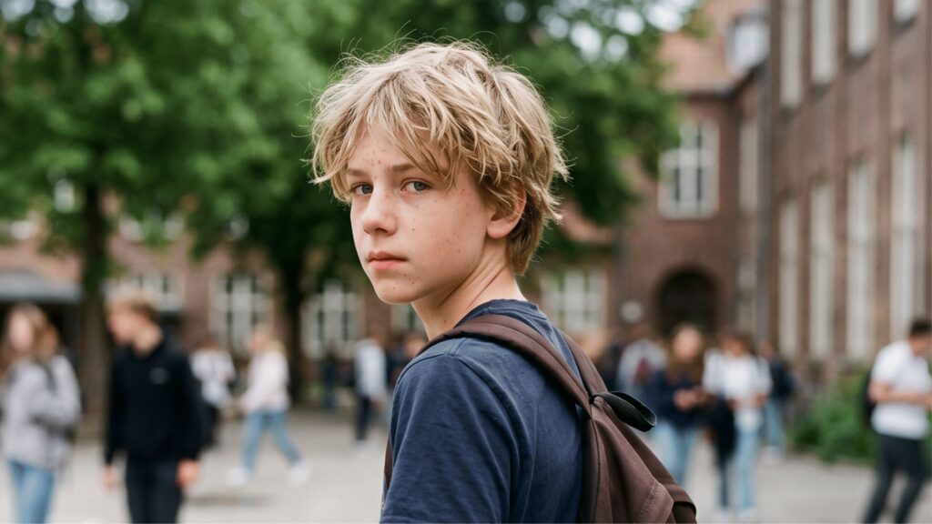 Armoedefonds campagnebeeld voor de schoolspullen actie. Een jongen heeft een rugtas om.