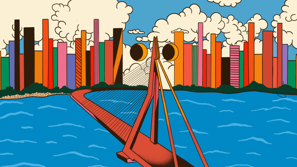 Cartoonillustratie van de Erasmusbrug ('De Zwaan') in Rotterdam. De rode brug strekt zich uit over felblauw water, met op de achtergrond een skyline van hoge, kleurrijke gebouwen.