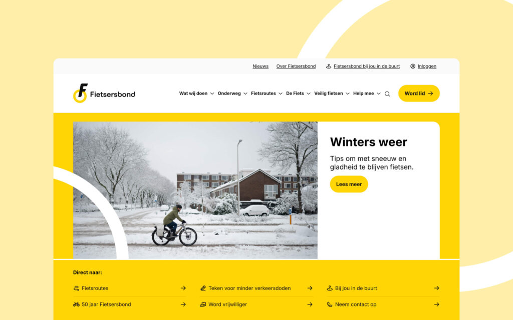 Homepage van de Fietsersbond website met een hoofdartikel over veilig fietsen in winters weer en een overzicht van belangrijke links zoals fietsroutes.