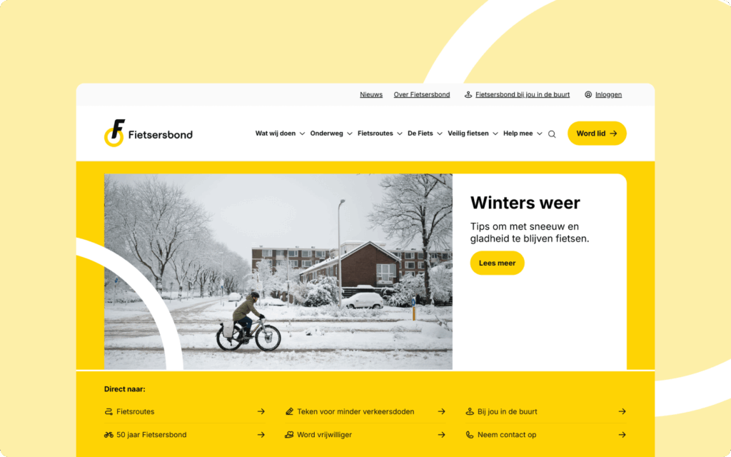Homepage van de Fietsersbond website met een hoofdartikel over veilig fietsen in winters weer en een overzicht van belangrijke links zoals fietsroutes.