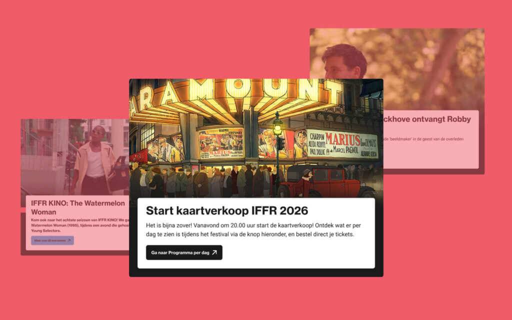Een overzicht van evenementkaarten voor IFFR 2026 op een roze achtergrond, met een centrale kaart over de start van de kaartverkoop.