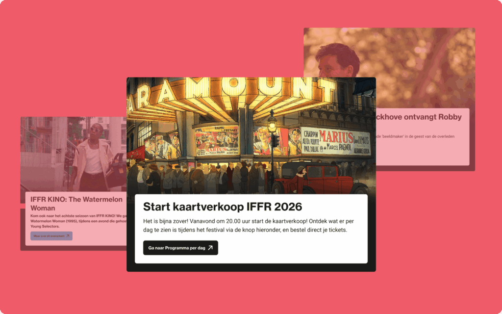 Een overzicht van evenementkaarten voor IFFR 2026 op een roze achtergrond, met een centrale kaart over de start van de kaartverkoop.