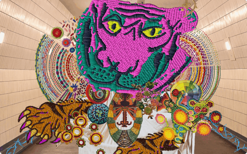 Een surrealistische compositie van een geborduurde roze tijgerkop omringd door kleurrijke cirkels en patronen in een lichte tunnel.