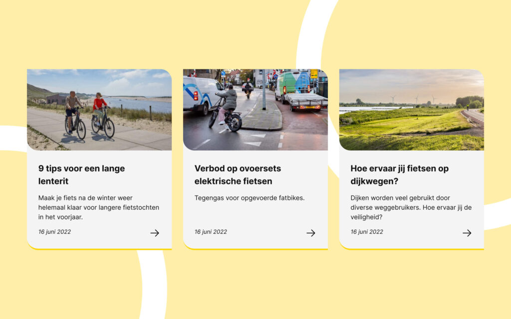 Drie nieuwskaarten van de Fietsersbond over lenteritten, het verbod op opvoersets voor elektrische fietsen en een enquête over fietsen op dijkwegen.