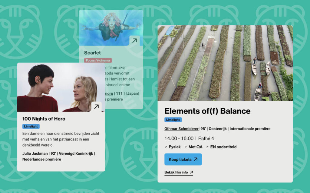 Een selectie van filmkaarten uit het IFFR-programma op een groene achtergrond met tijgerpatroon, waaronder '100 Nights of Hero' en 'Elements of(f) Balance'.