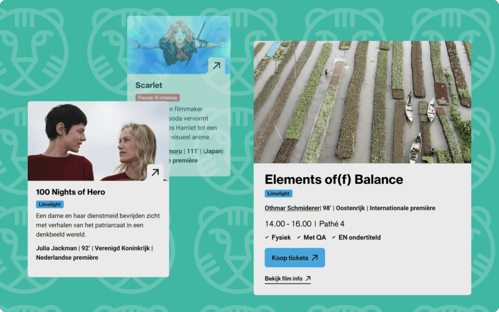 Een selectie van filmkaarten uit het IFFR-programma op een groene achtergrond met tijgerpatroon, waaronder '100 Nights of Hero' en 'Elements of(f) Balance'.