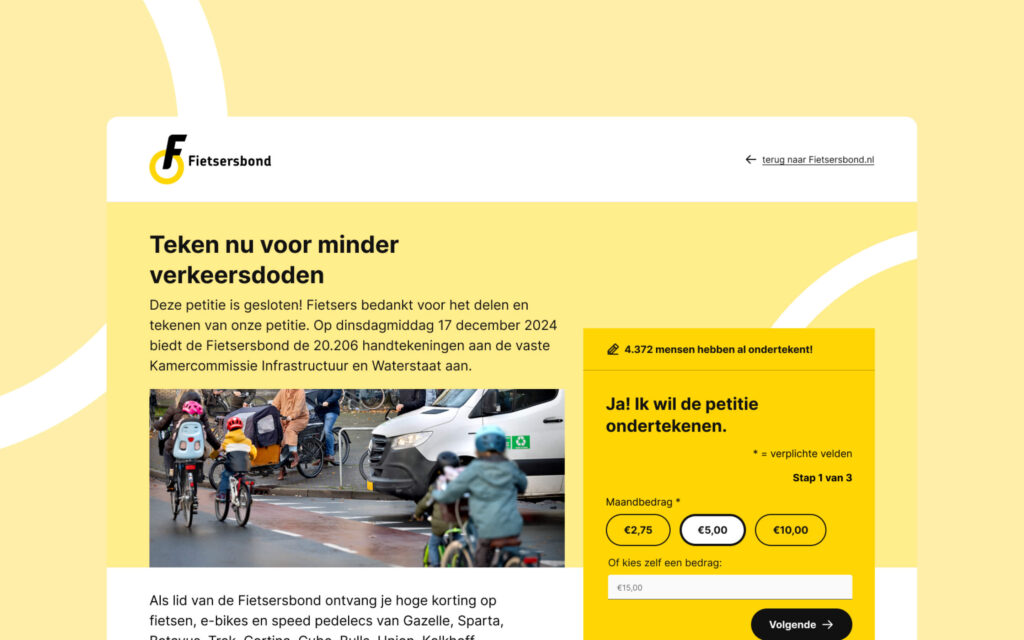 Online petitiepagina van de Fietsersbond met de titel "Teken nu voor minder verkeersdoden", inclusief een donatiemodule en een foto van fietsende kinderen.