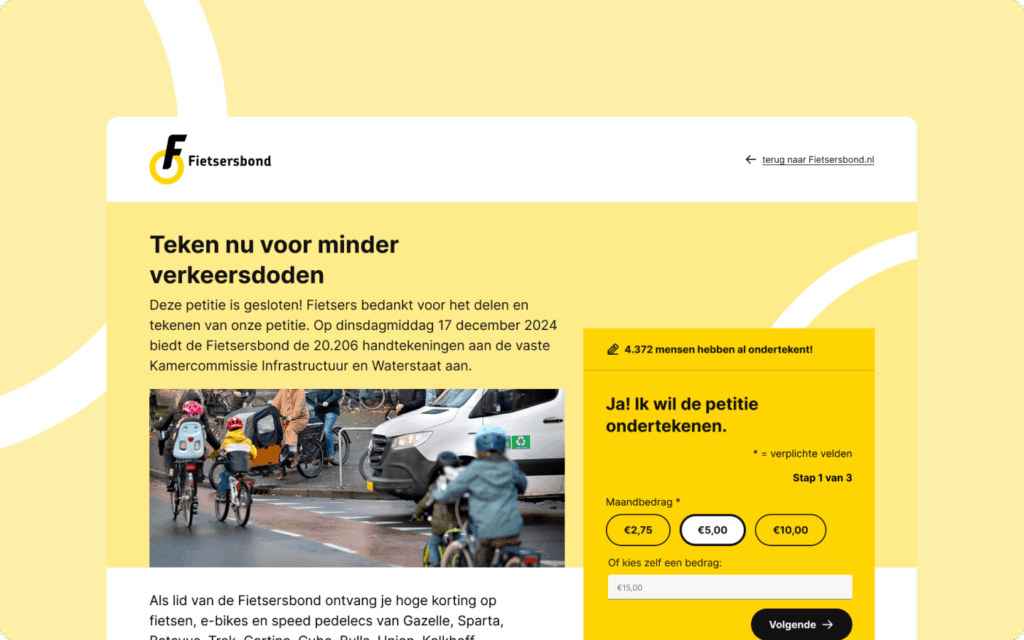 Online petitiepagina van de Fietsersbond met de titel "Teken nu voor minder verkeersdoden", inclusief een donatiemodule en een foto van fietsende kinderen.