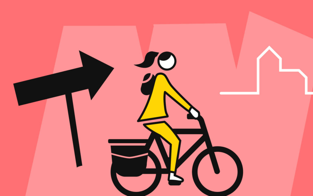 Geel-zwarte illustratie van een fietser met rugzak op een roze achtergrond, rijdend in de richting van een grote zwarte pijl.