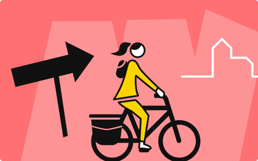 Geel-zwarte illustratie van een fietser met rugzak op een roze achtergrond, rijdend in de richting van een grote zwarte pijl.
