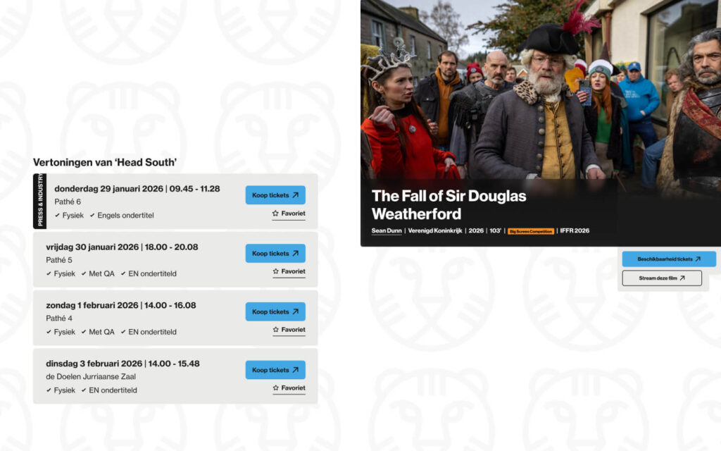 Een pagina met vertoningstijden voor de film 'Head South', gecombineerd met een filmstill van 'The Fall of Sir Douglas Weatherford'.