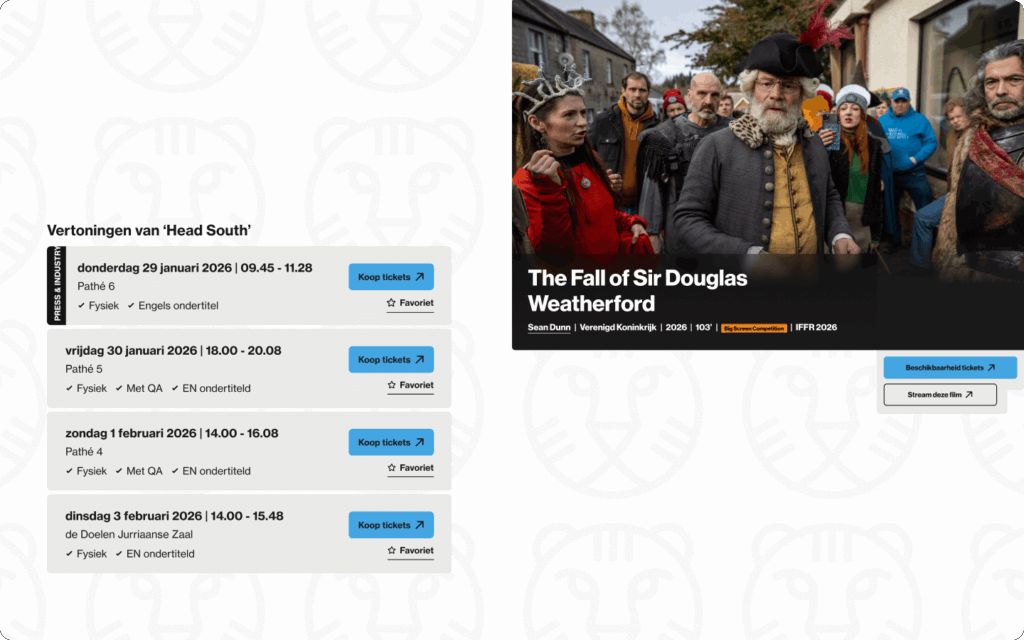 Een pagina met vertoningstijden voor de film 'Head South', gecombineerd met een filmstill van 'The Fall of Sir Douglas Weatherford'.