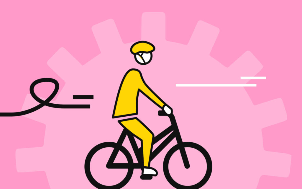 Illustratie van een wielrenner met helm op een roze achtergrond met een groot tandwiel, suggererend naar snelheid en techniek.