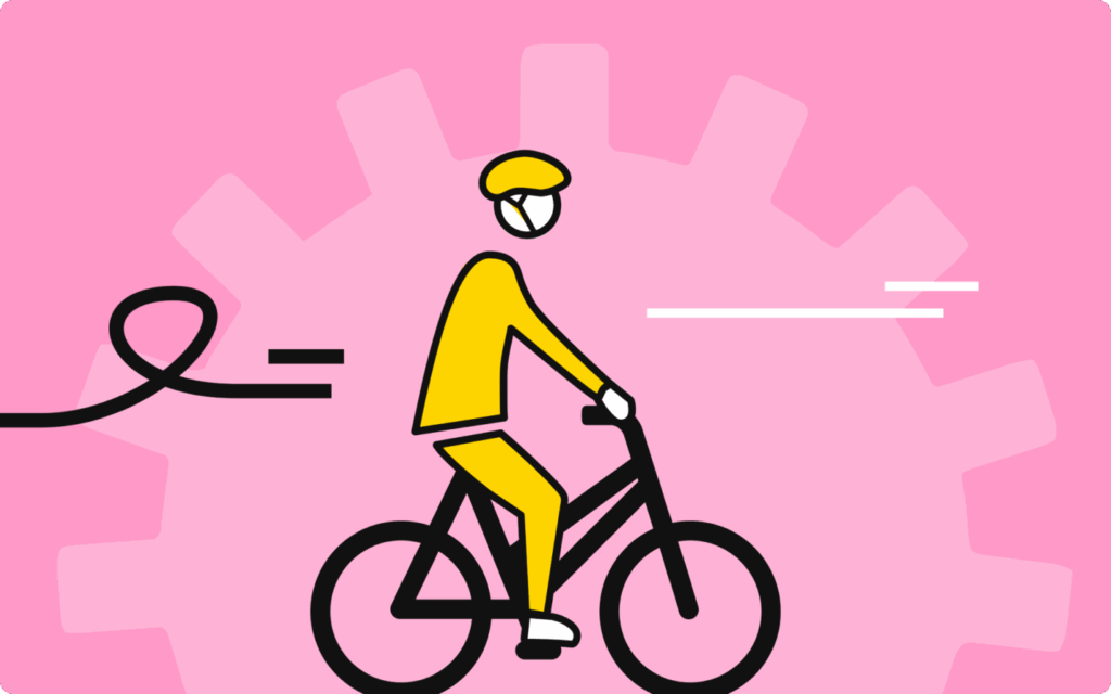 Illustratie van een wielrenner met helm op een roze achtergrond met een groot tandwiel, suggererend naar snelheid en techniek.