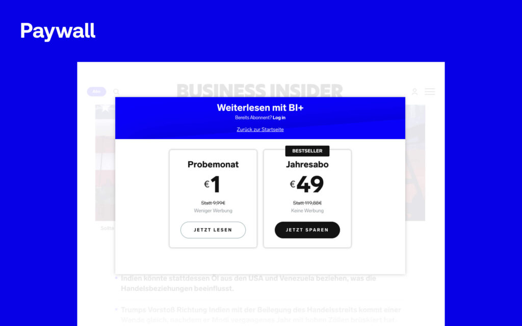 Schermafbeelding van een paywall op de website van Business Insider Duitsland met abonnementsopties voor een proefmaand van 1 euro of een jaarabonnement.