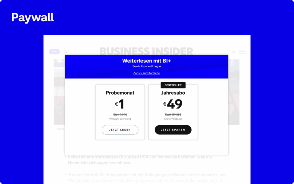 Schermafbeelding van een paywall op de website van Business Insider Duitsland met abonnementsopties voor een proefmaand van 1 euro of een jaarabonnement.