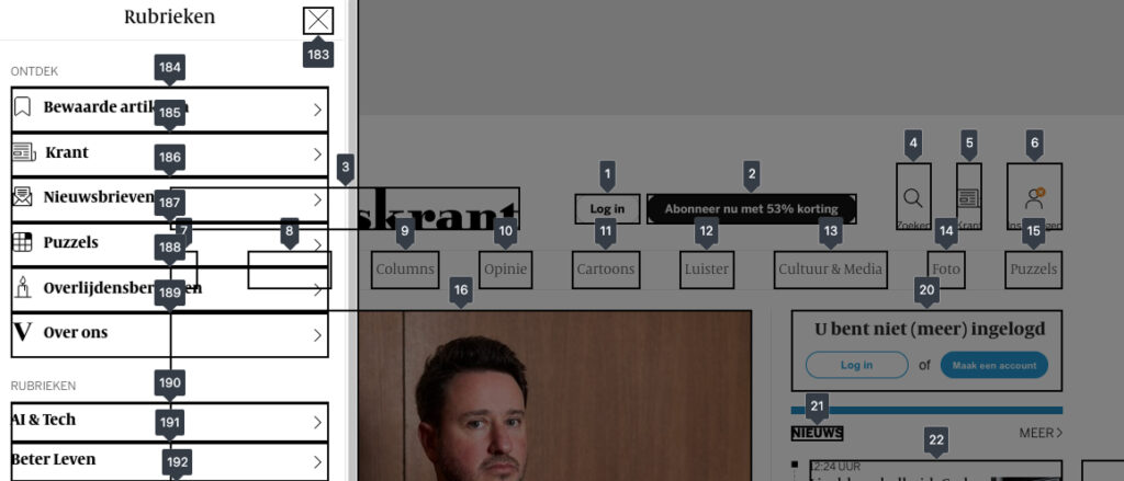 Het formulier-regelaars-menu van VoiceOver op de voorpagina van de Volkskrant.