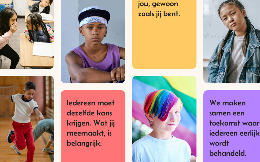 Een collage van portretten van diverse jongeren en kleurrijke tekstblokken met boodschappen over gelijke kansen en jezelf kunnen zijn.