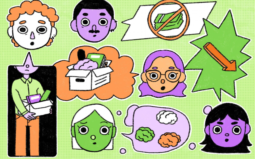 Kleurrijke illustratie in een cartoonstijl met diverse gezichten en symbolen, waaronder een doos vol boeken, een hersenpan en een rood verbodsteken over een stapel bankbiljetten op een groene achtergrond.