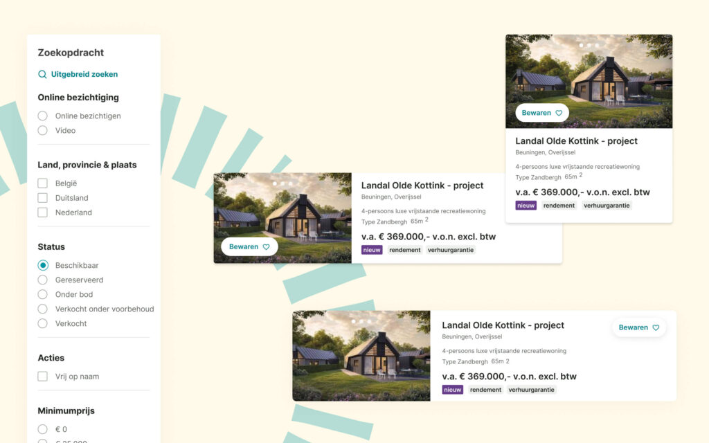 Screenshot van de zoekresultatenpagina van Landal Makelaardij met advertenties voor het project Landal Olde Kottink en een filtersysteem aan de linkerzijde.